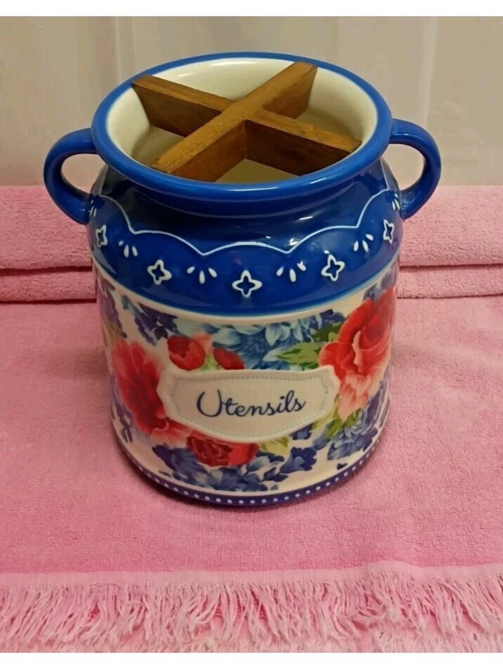 The Pioneer Woman Utensil Holder Jar The Heritage Floral Stoneware & Acacia Wood